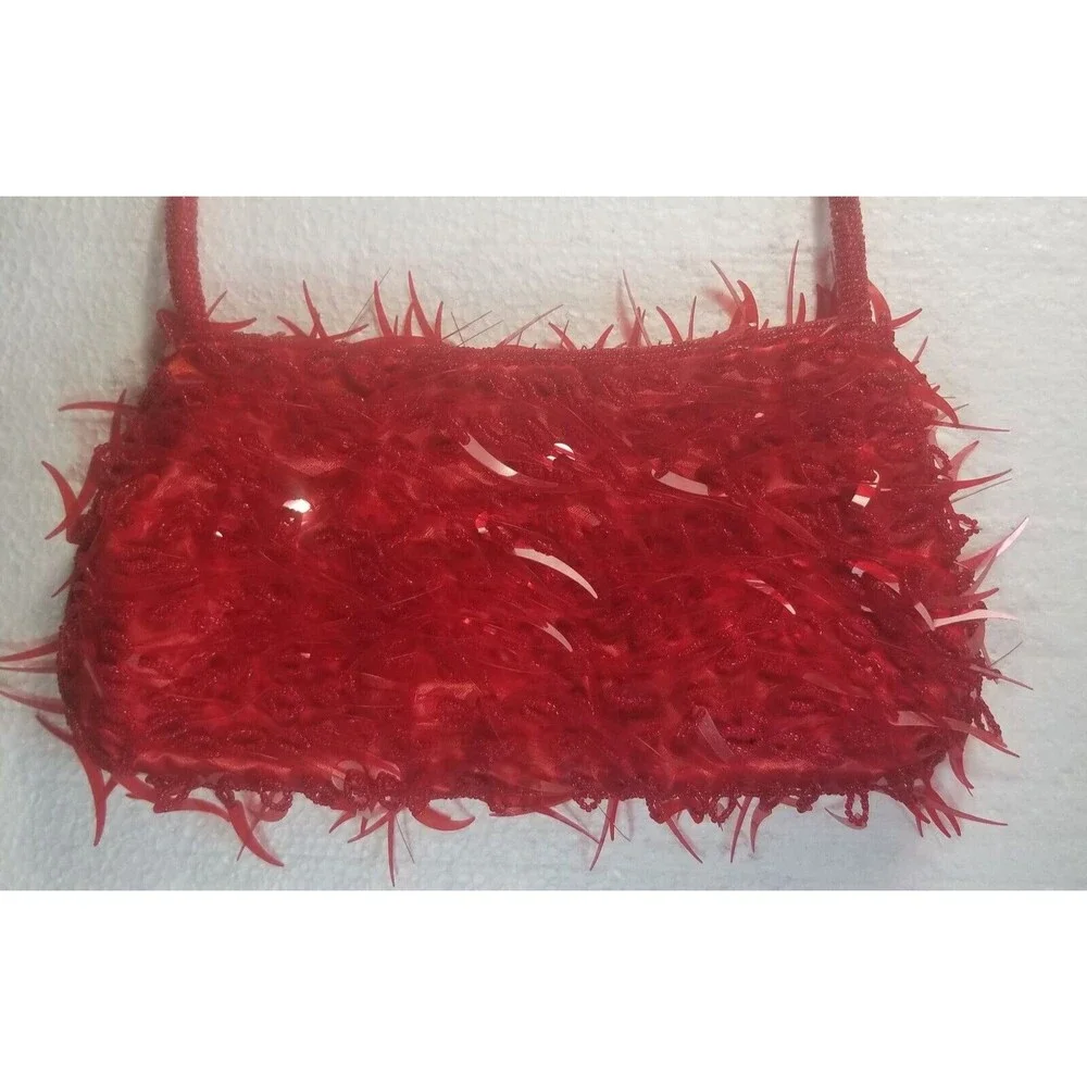 Red Italian Handbag Beaded & Dangle Half Moon Design Single Bead Handle